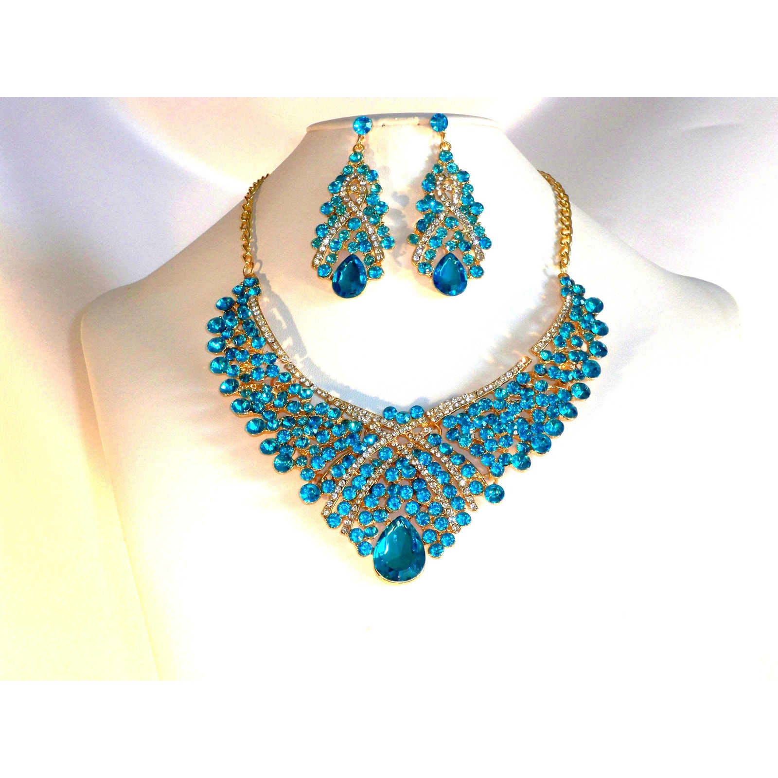 Teal Aqua Blue Rhinestone Necklace, Wedding Mob Part Evening Drag Queen Necklace